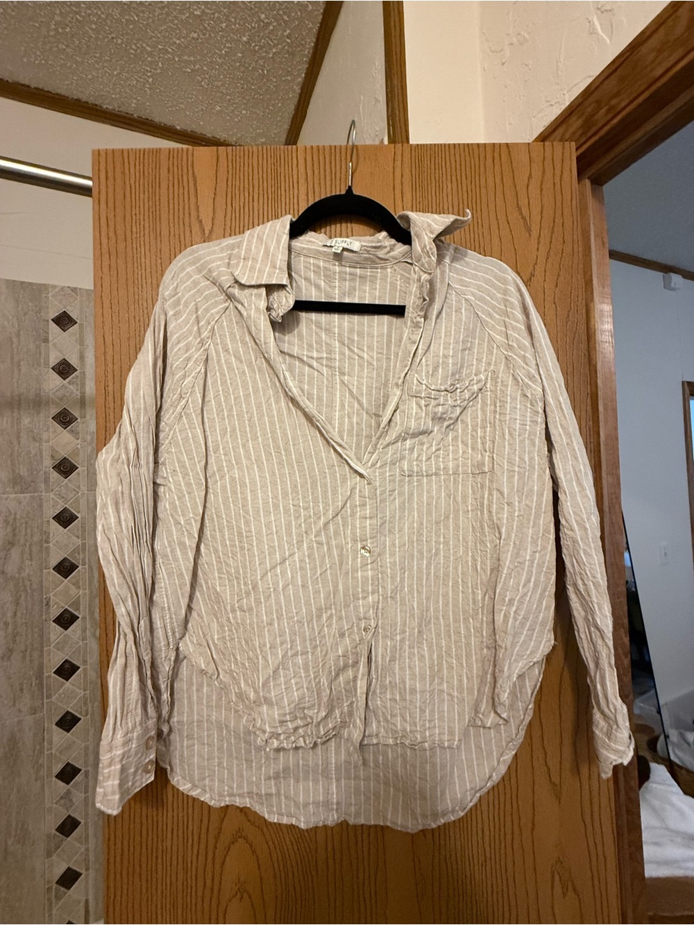 Z Supply Beige and White Striped Button Down Shirt